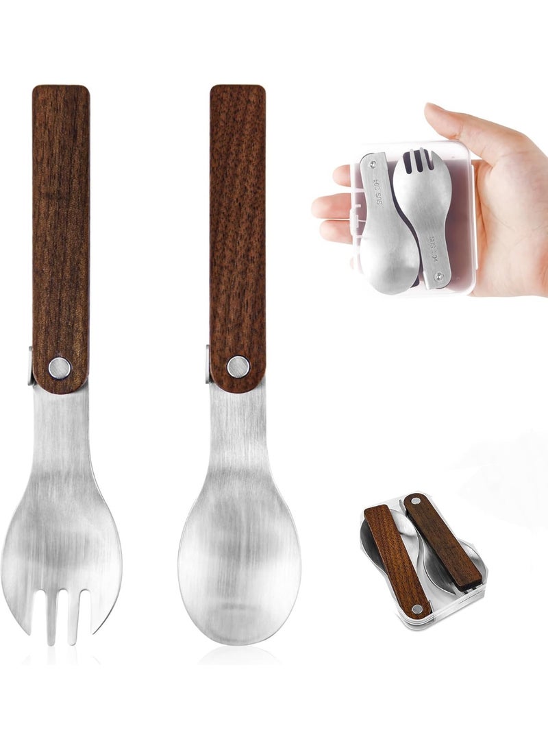 SYOSI 2Pcs Foldable Cutlery Set, Portable Folding Spoon and Fork with Wooden Handle, Travel Foldable Spoon, Portable Fork for Camping, Hiking, Picnics, and Outdoor Dining (Natural Wood) - Image 1