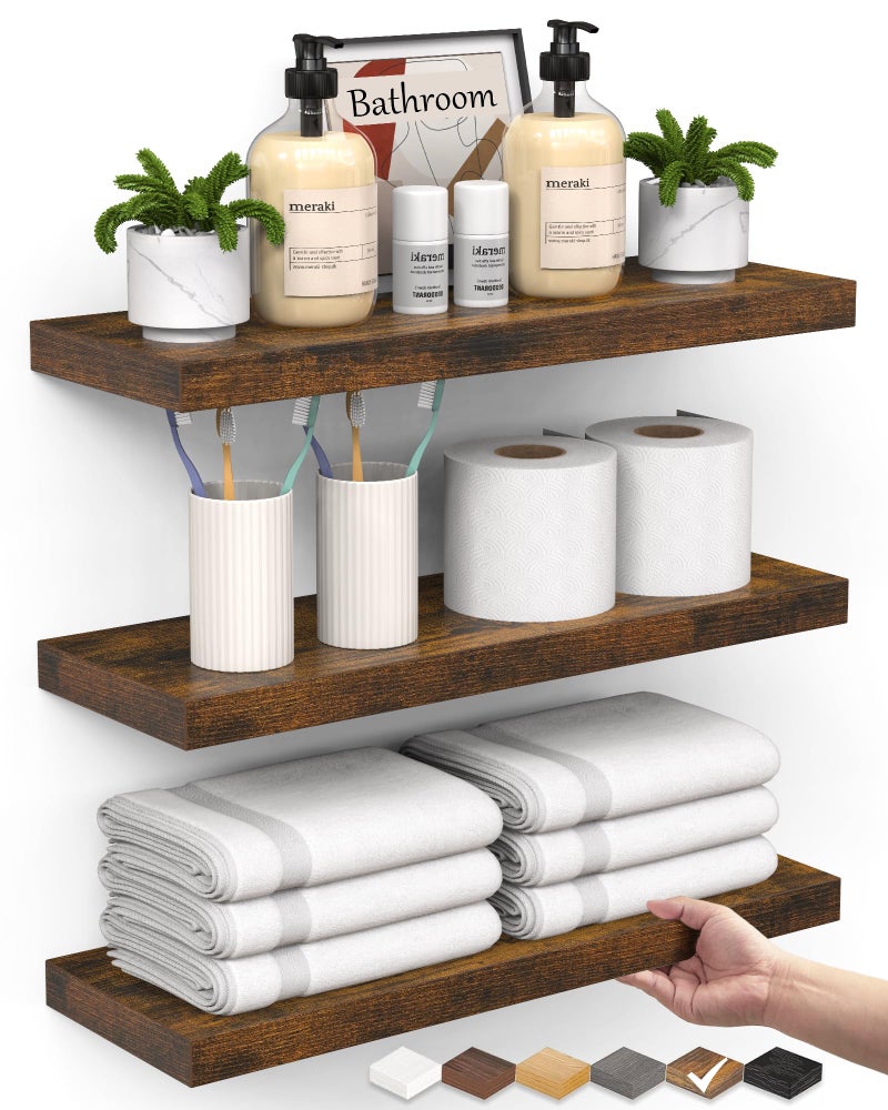 BAYKA Floating Shelves Bathroom for Wall â€“ Shelf Over Toilet Farmhouse Rustic Wood for Bedroom, Kitchen, or Living Room Decor Organization, Christmas Decor Shelves â€“ Rustic Brown, Set of 3 - Image 1