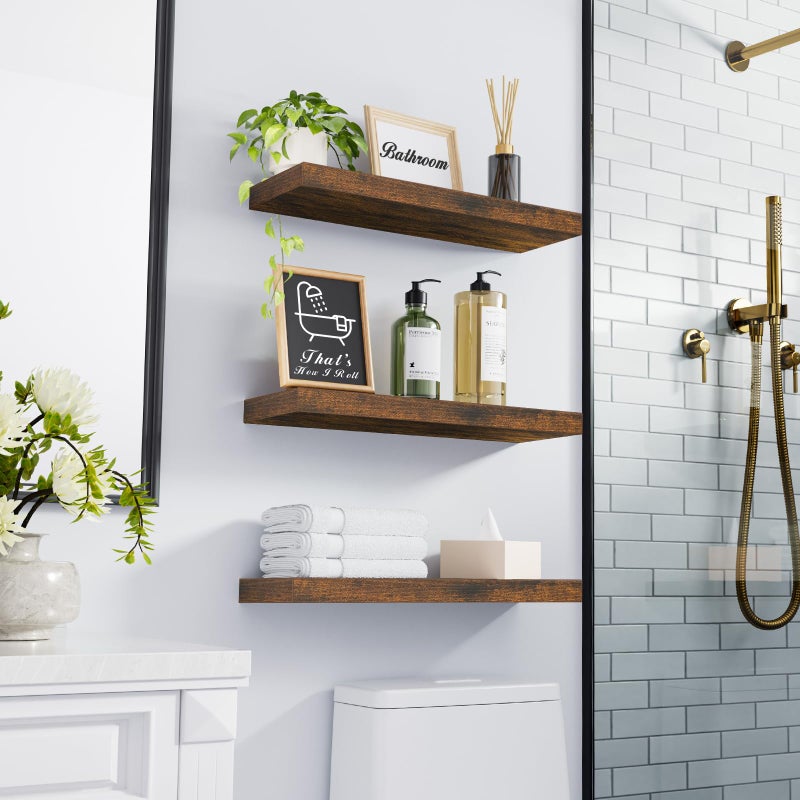 BAYKA Floating Shelves Bathroom for Wall â€“ Shelf Over Toilet Farmhouse Rustic Wood for Bedroom, Kitchen, or Living Room Decor Organization, Christmas Decor Shelves â€“ Rustic Brown, Set of 3 - Image 2
