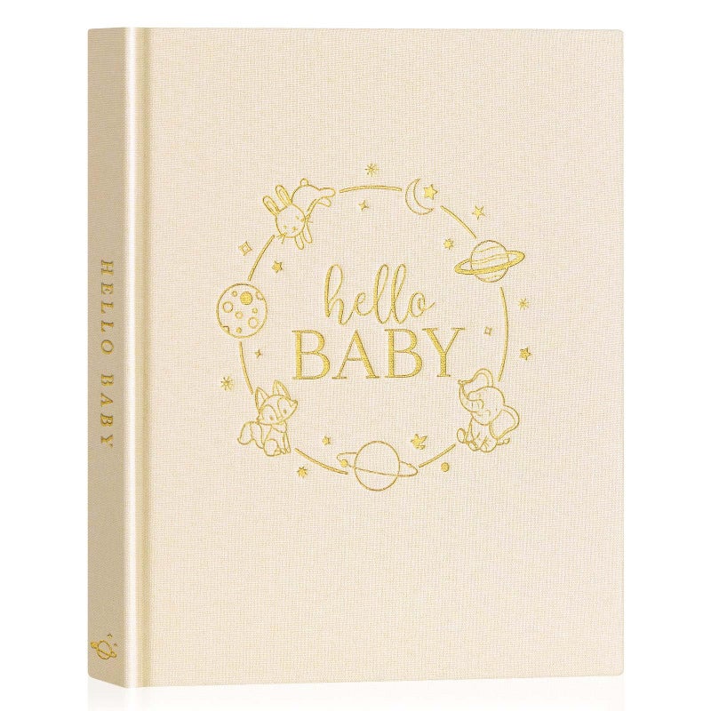 Lanpn Hello Baby Memory Book for Boy Girl - Linen Hardcover Baby Book Keepsake for New Parents - Newborn Baby First 5 Year Journal Scrapbook Photo Album Baby Milestone Book (Beige, 154 Pages) - Image 1