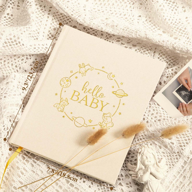 Lanpn Hello Baby Memory Book for Boy Girl - Linen Hardcover Baby Book Keepsake for New Parents - Newborn Baby First 5 Year Journal Scrapbook Photo Album Baby Milestone Book (Beige, 154 Pages) - Image 2