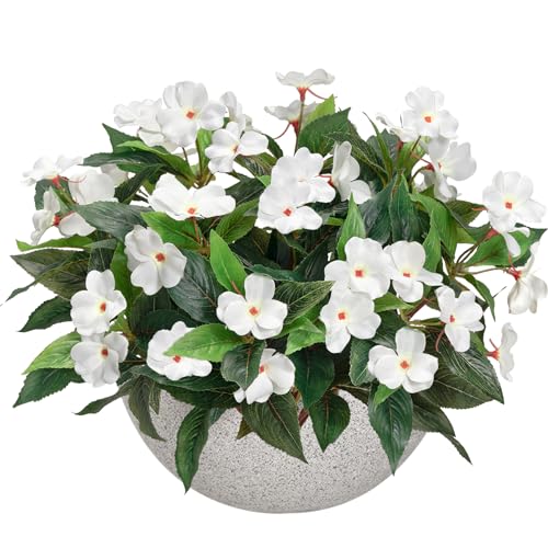 Uqueeten Fake Flowers Artificial Flowers for OutdoorArtificial Plant Artificial Impatiens Bouquet Flowers for Outdoors DecorationSilk Spring Artificial Plants for Outdoors Indoor Decor 2PCS White - Image 3