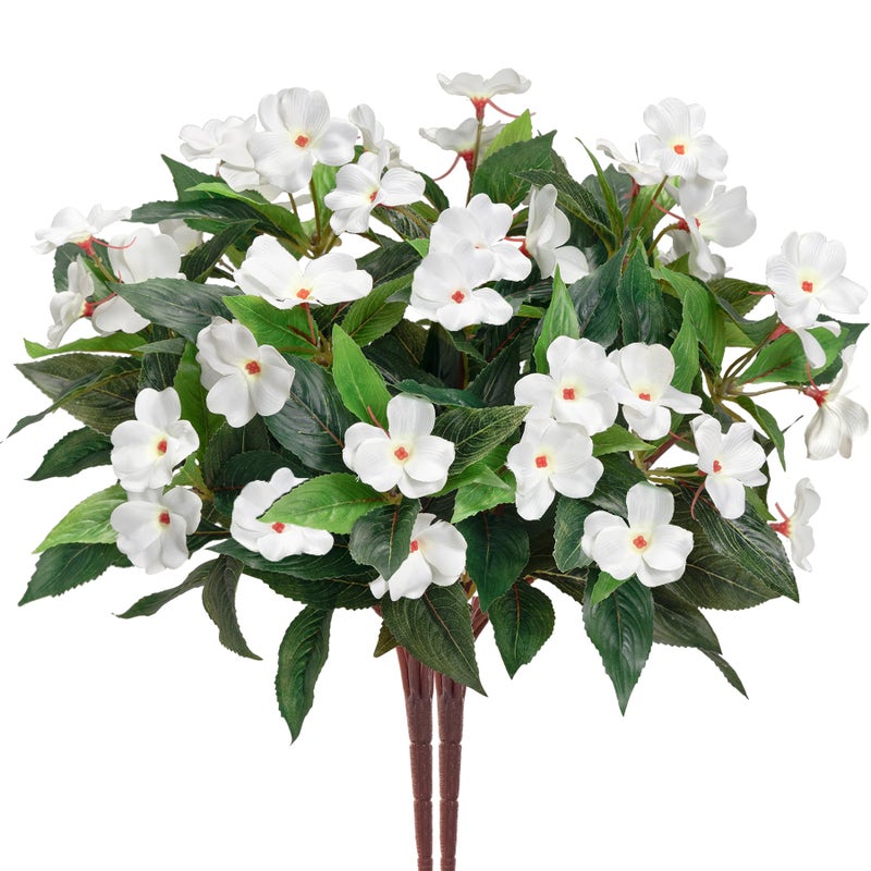 Uqueeten Fake Flowers Artificial Flowers for OutdoorArtificial Plant Artificial Impatiens Bouquet Flowers for Outdoors DecorationSilk Spring Artificial Plants for Outdoors Indoor Decor 2PCS White - Image 2