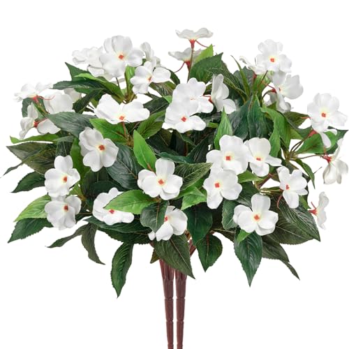 Uqueeten Fake Flowers Artificial Flowers for OutdoorArtificial Plant Artificial Impatiens Bouquet Flowers for Outdoors DecorationSilk Spring Artificial Plants for Outdoors Indoor Decor 2PCS White - Image 1