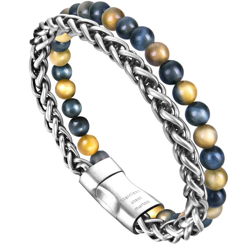 murtoo Mens Bead Leather Bracelet, Blue and Brown Bead and Leather Bracelet for Men (Silver) - Image 1