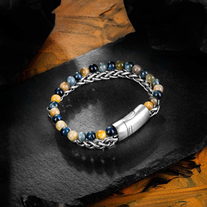 murtoo Mens Bead Leather Bracelet, Blue and Brown Bead and Leather Bracelet for Men (Silver) - Image 3