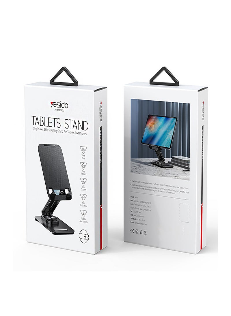 Yesido - Yesido C183 Tablet Stands Desktop Single Axis 360 Degree Rotating Stand Aluminum Alloy Table Foldable Extend Support Desk Mobile Phone Holder - Black - Image 1