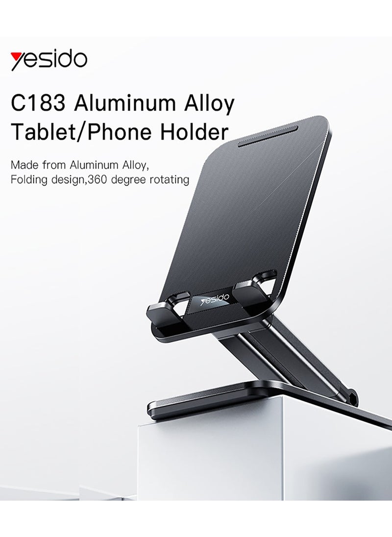 Yesido - Yesido C183 Tablet Stands Desktop Single Axis 360 Degree Rotating Stand Aluminum Alloy Table Foldable Extend Support Desk Mobile Phone Holder - Black - Image 1