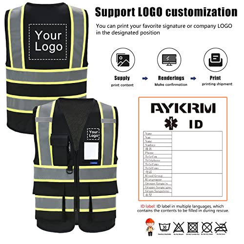 AYKRM black High Visibility Reflective Safety Vest for Women Men High Visibility Security with Pockets Zipper Front Meets ANSI/ISEA Standards - Image 2