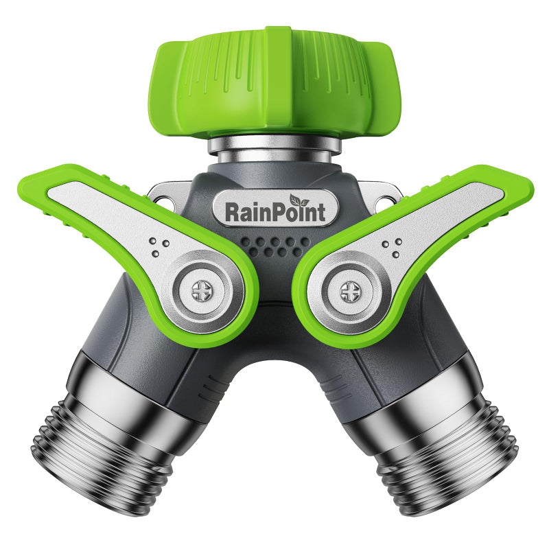 RAINPOINT Garden Hose Splitter, 2 Way Heavy Duty Water Hose Y Spigot Splitter with Shutoff Valves, 100% Metal Body Outdoor Faucet Splitter, 1.9" Extra Long Metal Handle, 3/4" GHT Thread (1, Green) - Image 1