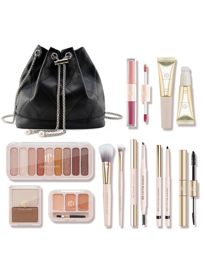 COLOR NYMPH - Makeup Bag For Teens Women With Makeup Kit Makeup Bag Travel Included Cosmetic Bag Eyeshadows Face Powder Concealer Liquid Blush Eyebrow Pencil Eyeliner Lipgloss Mascara Brushes - Image 1