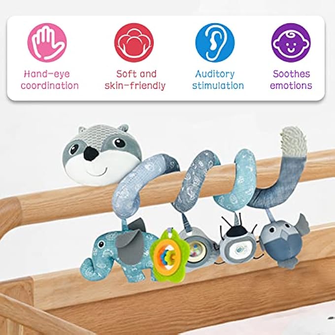 PRAM TOYS - SPIRAL PRAM HANGING TOYS FOR CAR SEAT & BABY MOBILE PRAMOR COT, SPIRAL BABY PRAM TOY WITH MUSIC BOX MIRROR AND BELLS, PRAM TOY FOR BABIES 0-6 MONTHS(PINK/GREY) (2. GREY) - Image 4