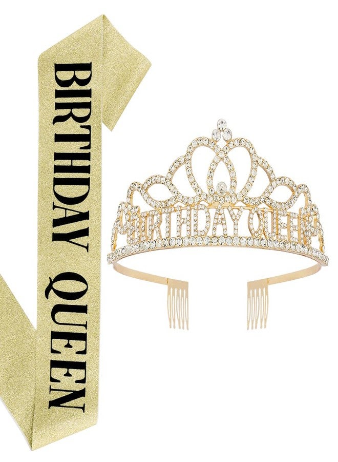 AOPRIE Birthday Queen Sash Crown for Women Tiara for Girl Headband Princess Crown Rhinestone Happy Birthday Accessories Gold - Image 1