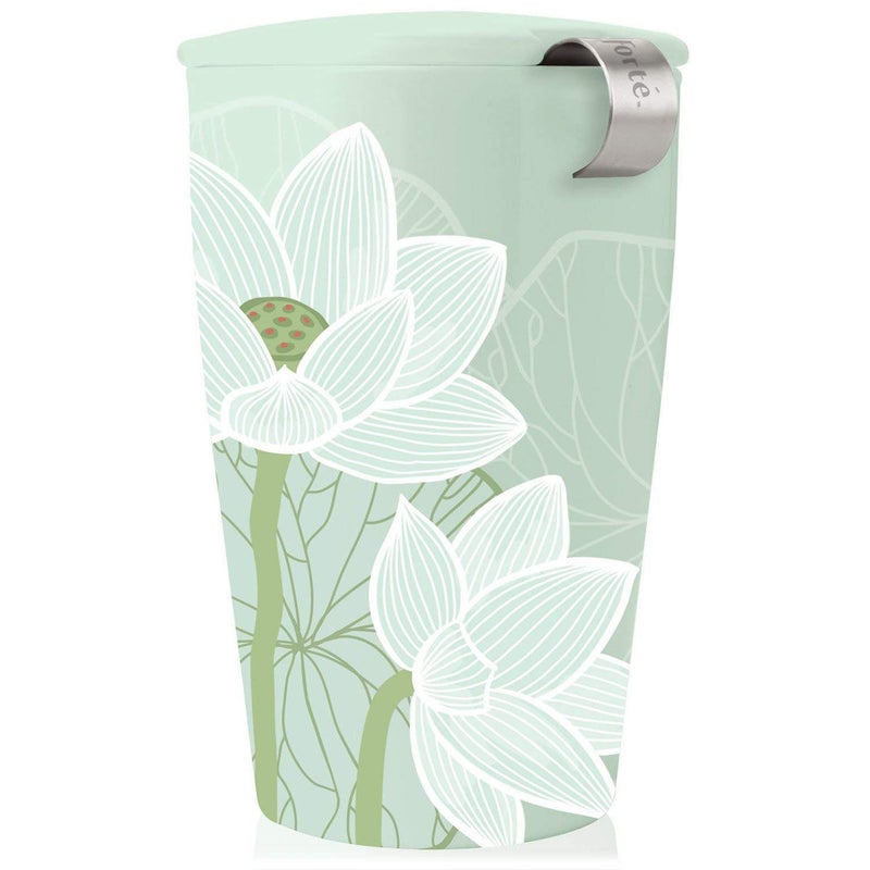 Tea Forte Tea Forte Lotus DoubleWalled Ceramic Kati Cup with Removable Stainless Steel Infuser Basket and Lid Steeps 12 oz Loose Leaf Tea Lid and Cup Dishwasher  Microwave Safe 