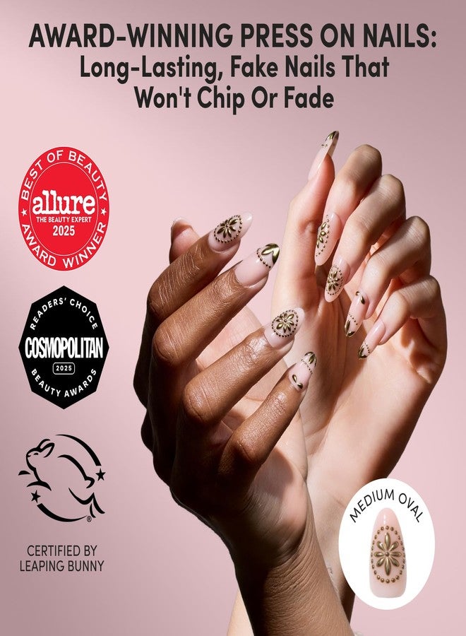 Glamnetic Press On Nails - Athenian Gold | Medium Oval Fake Nails with 3D Raised Gold Foil, Glossy Finish | Salon Quality Vacation Nails | 15 Sizes - 30 Nail Kit with Glue - Image 2