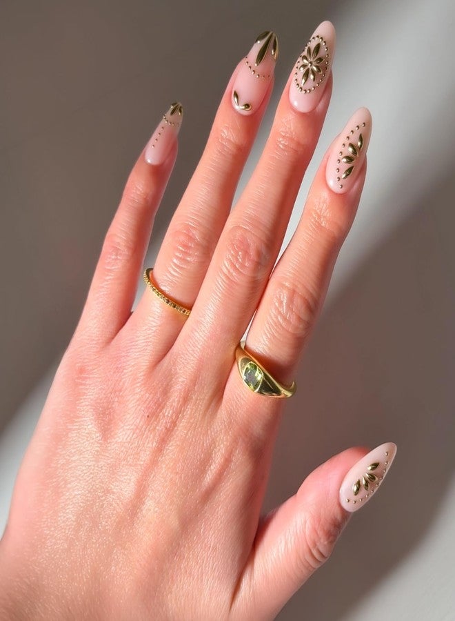 Glamnetic Press On Nails - Athenian Gold | Medium Oval Fake Nails with 3D Raised Gold Foil, Glossy Finish | Salon Quality Vacation Nails | 15 Sizes - 30 Nail Kit with Glue - Image 1