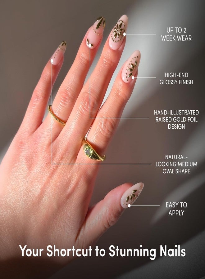 Glamnetic Press On Nails - Athenian Gold | Medium Oval Fake Nails with 3D Raised Gold Foil, Glossy Finish | Salon Quality Vacation Nails | 15 Sizes - 30 Nail Kit with Glue - Image 4