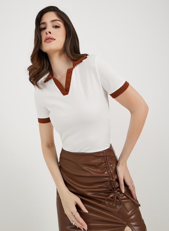 Styli Contrast Trim Rib Collared Fitted Polo T-Shirt  - Image 1