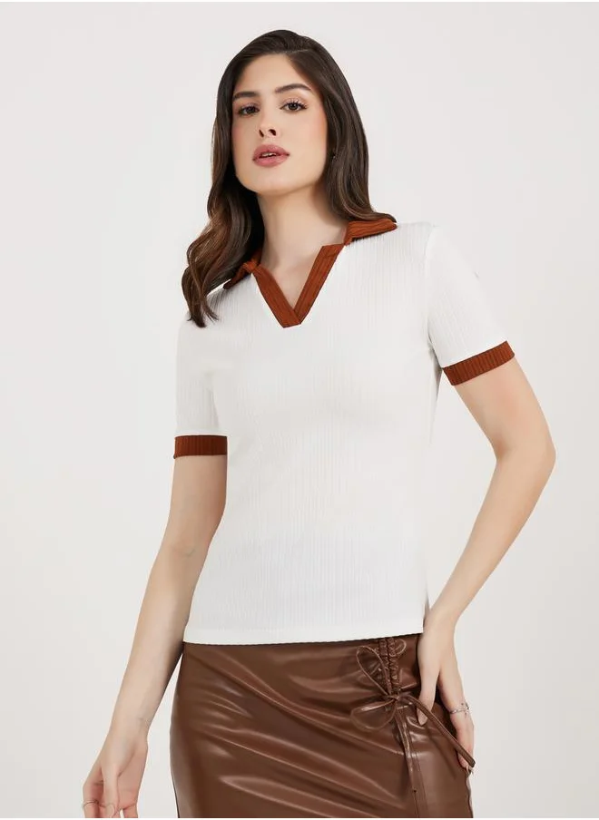 Styli Contrast Trim Rib Collared Fitted Polo T-Shirt