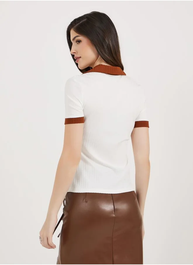Styli Contrast Trim Rib Collared Fitted Polo T-Shirt