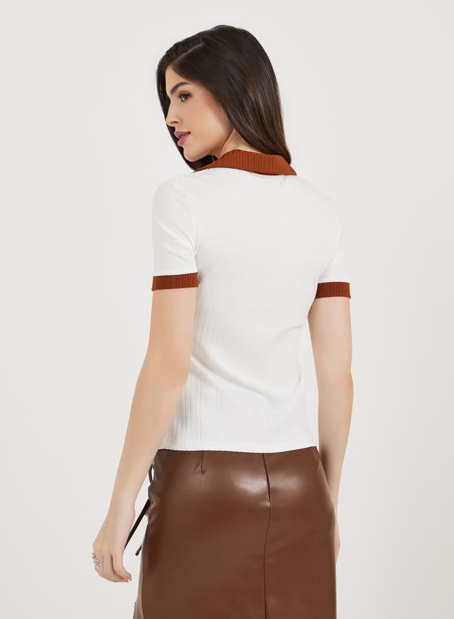 Styli Contrast Trim Rib Collared Fitted Polo T-Shirt  - Image 5