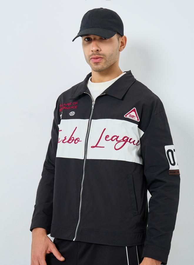 Styli Men Black Embroidered Turbo League Bomber Jacket - Image 3