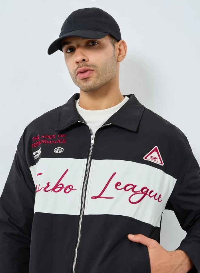 Styli Men Black Embroidered Turbo League Bomber Jacket