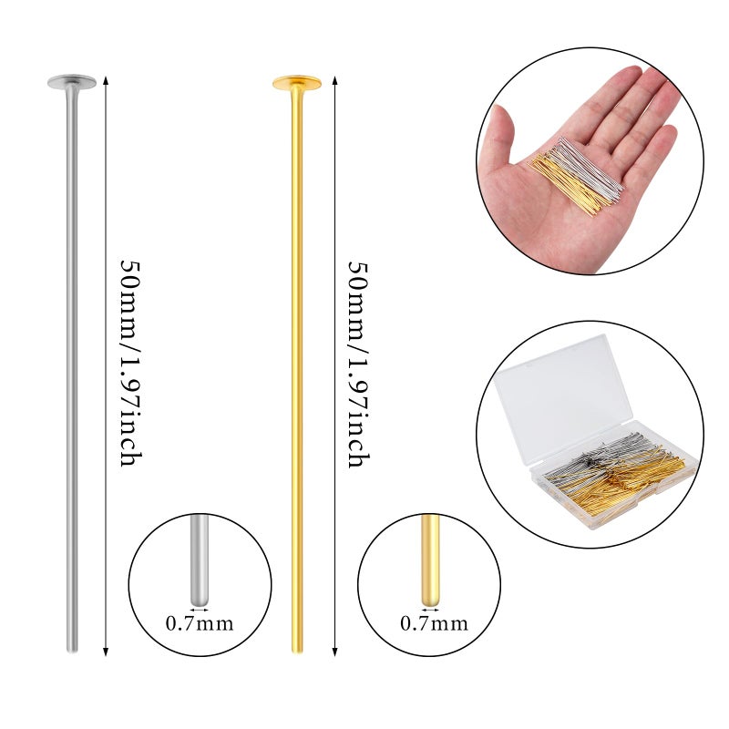 Yumttero 200 Pcs 50mm Straight Head Pins for Craft Earring Bracelet Necklace Pendant DIY Jewelry Making, Platinum & Gold Color - Image 2