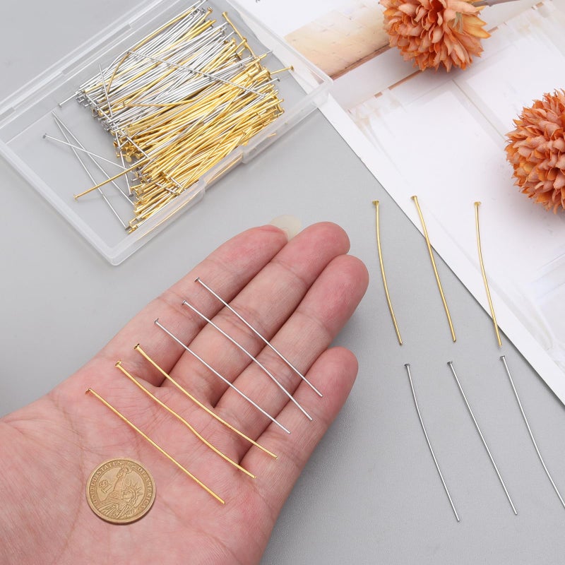Yumttero 200 Pcs 50mm Straight Head Pins for Craft Earring Bracelet Necklace Pendant DIY Jewelry Making, Platinum & Gold Color - Image 4