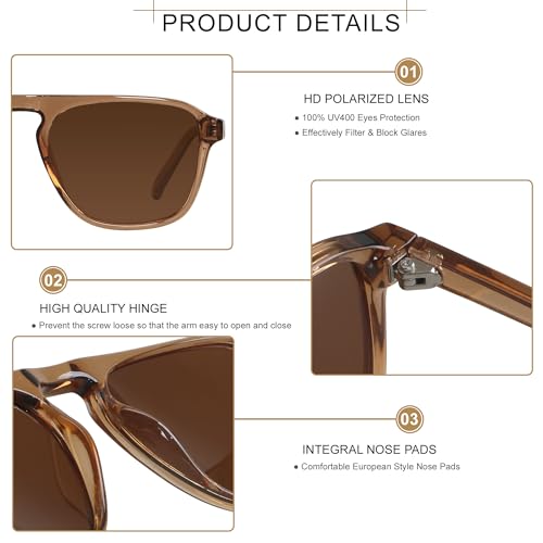ANDWOOD Square Aviator Sunglasses Polarized Mens Womens UV Protection Sun glasses Brown Tea Shades - Image 5