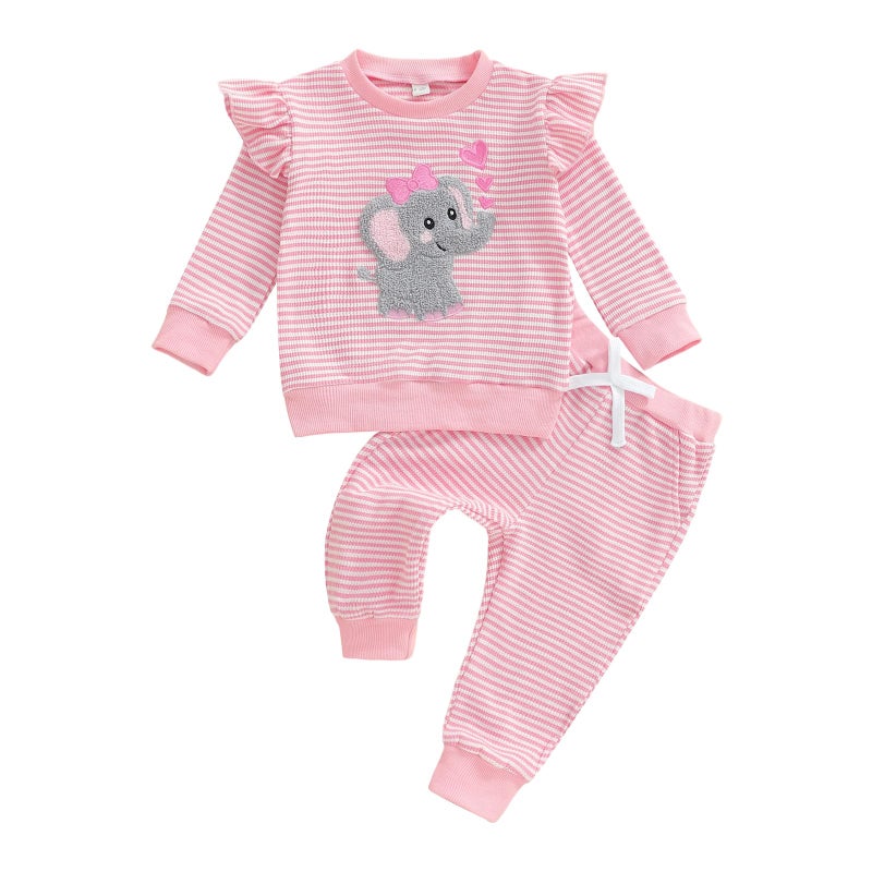 LAGKIYOJ Winter Baby Girl Clothes Elephant Embroidery Sweatshirt Pullover + Elastic Waist Stripe Pants Infant Clothes Girl (Pink Elephant, 12-18 Months) - Image 1