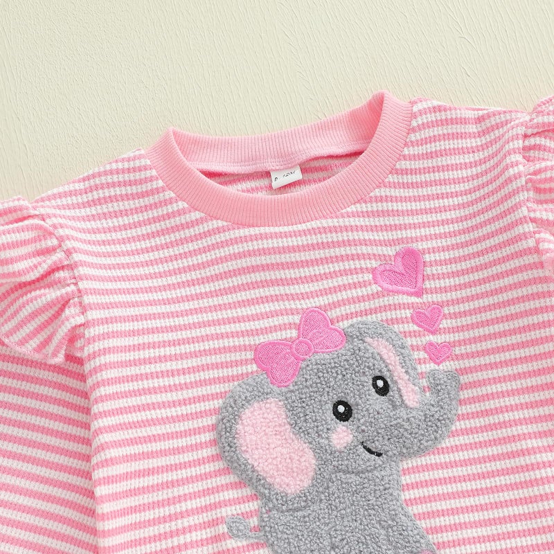 LAGKIYOJ Winter Baby Girl Clothes Elephant Embroidery Sweatshirt Pullover + Elastic Waist Stripe Pants Infant Clothes Girl (Pink Elephant, 12-18 Months) - Image 5