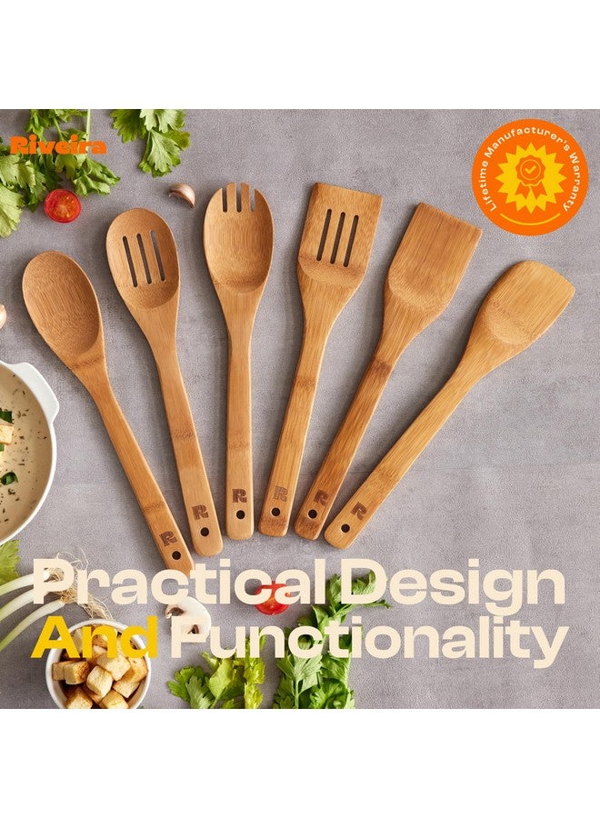 Riveira Dark Bamboo Wooden Spoons for Cooking 6-Piece, Apartment Essentials Wood Spatula Spoon Nonstick Kitchen Utensil Set Premium Quality Housewarming Gifts for Everyday Use - Image 4