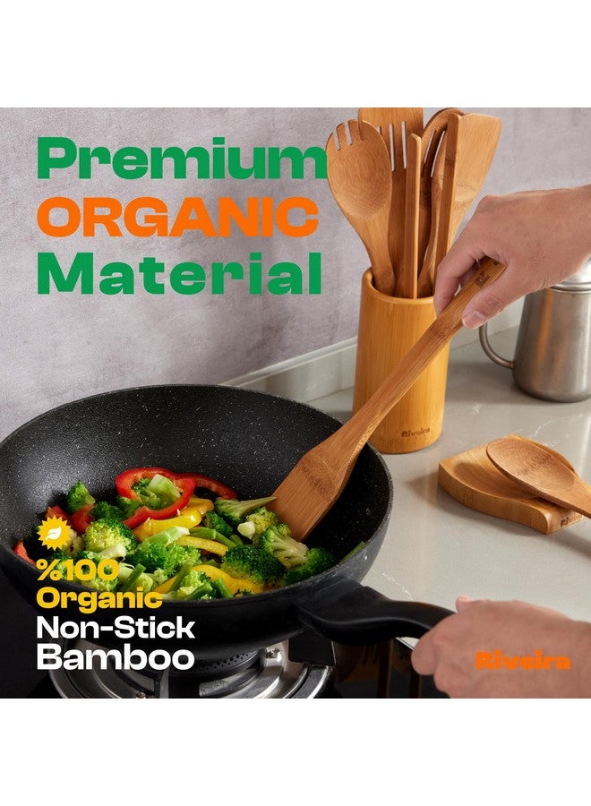 Riveira Dark Bamboo Wooden Spoons for Cooking 6-Piece, Apartment Essentials Wood Spatula Spoon Nonstick Kitchen Utensil Set Premium Quality Housewarming Gifts for Everyday Use - Image 1