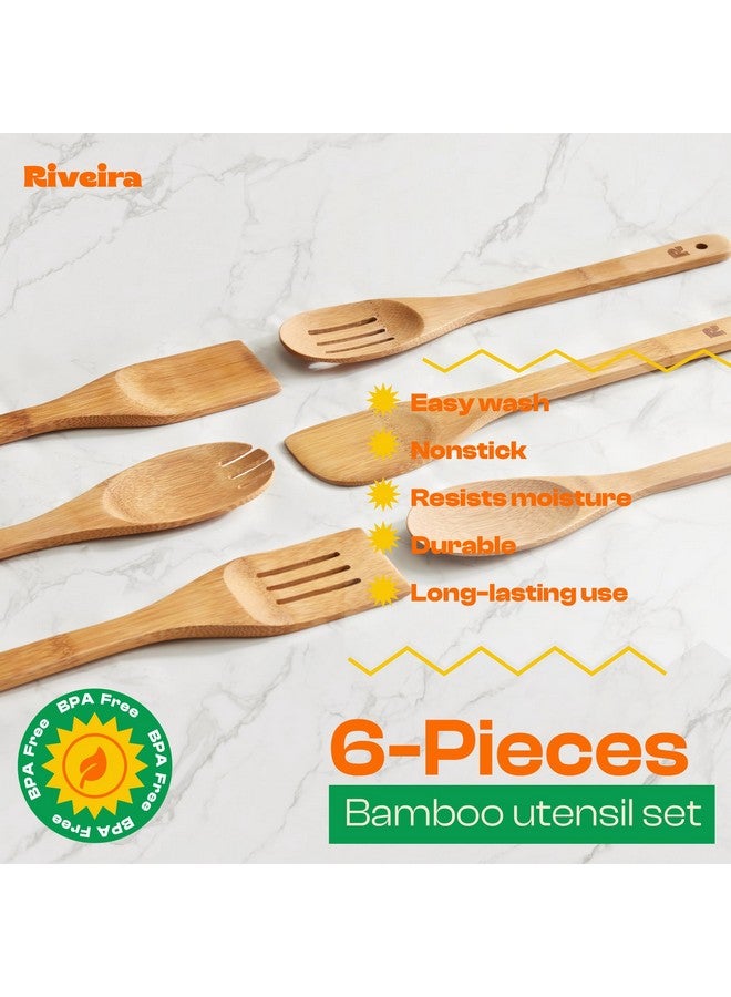 Riveira Dark Bamboo Wooden Spoons for Cooking 6-Piece, Apartment Essentials Wood Spatula Spoon Nonstick Kitchen Utensil Set Premium Quality Housewarming Gifts for Everyday Use - Image 3