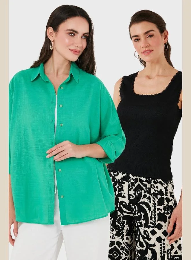 Lela Lela Stretch Cotton Oversize Fit 2-Pack Shirt-Tank Top Set Women's SHIRT-TANK TOP SET 67810014979S2