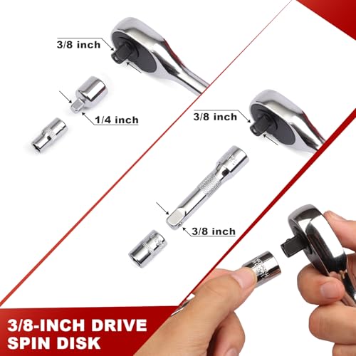 Egofine 34 Pieces 3/8 inch Drive Socket Ratchet Wrench Set, with Socket Set Metric/SAE and Extension Bar for Auto Repairing and Household, with Storage Case - Image 4