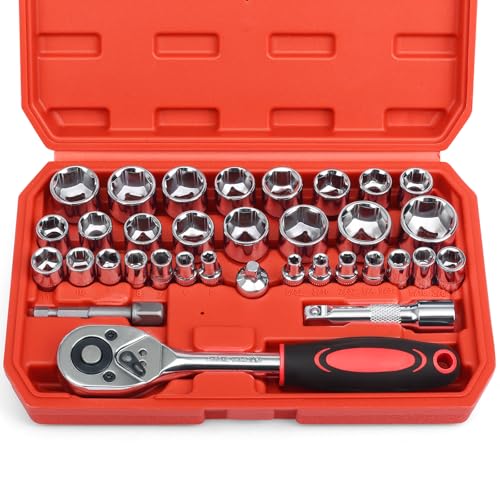 Egofine 34 Pieces 3/8 inch Drive Socket Ratchet Wrench Set, with Socket Set Metric/SAE and Extension Bar for Auto Repairing and Household, with Storage Case - Image 1