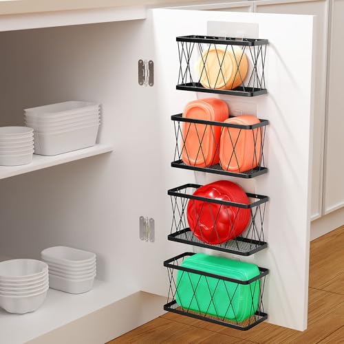 BasicForm 4 Pack Metal Kitchen Inside Cabinet Door Organizer, Adhesive Lid Organizers Cabinet Door Storage for Tupperware Lid, Storage Holder Basket for Kitchen Wall Mounted (Black) - Image 1