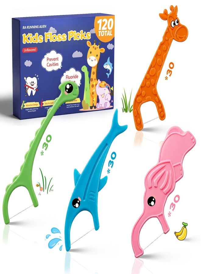 RA RUNNING ALIEN 120 Count Kids Flossers,Fun Kids Floss Picks Fluoride & PFA Free,Non Toxic Floss Sticks with Anti-Slip Handle,4 Cute Animal-Shaped Toddler Flossers,No Shred Thread,Unflavored - Image 1