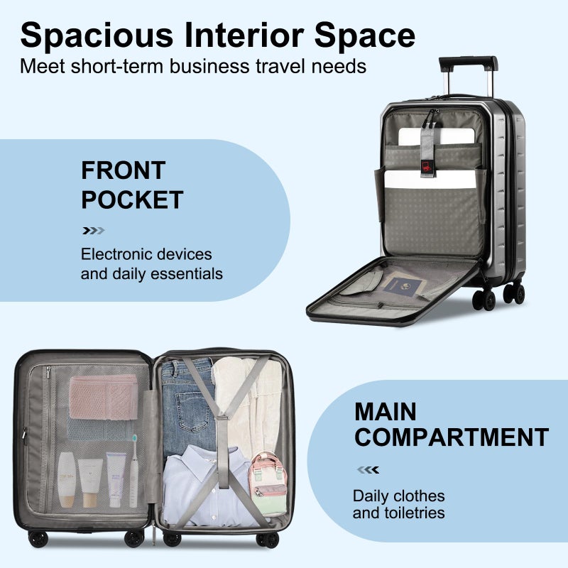 CENSIEN Carry On Luggage 22Ã—14Ã—9 Airline Approved, 20 Inch Lightweight ABS+PC Hard Shell Suitcases with Front Pocket, Spinner Wheels, TSA Lock (Dark Gray, 1PC) - Image 3