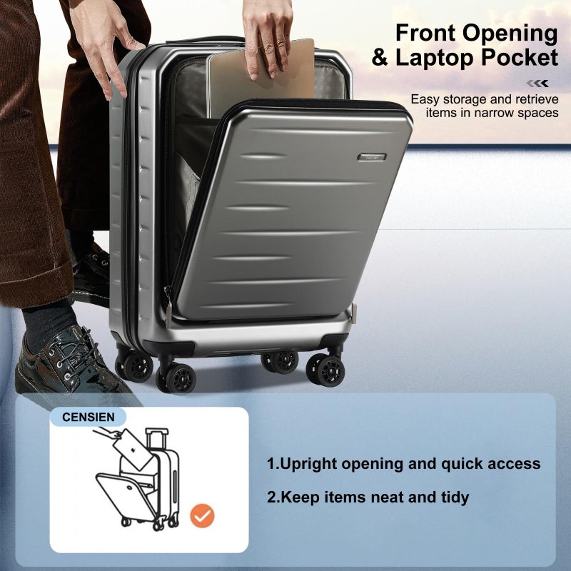 CENSIEN Carry On Luggage 22Ã—14Ã—9 Airline Approved, 20 Inch Lightweight ABS+PC Hard Shell Suitcases with Front Pocket, Spinner Wheels, TSA Lock (Dark Gray, 1PC) - Image 2