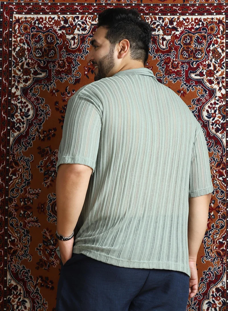 Instafab Plus  Men's Sage Green Duo-Striped Relaxed Polo T-Shirt for Men | Best Price UAE