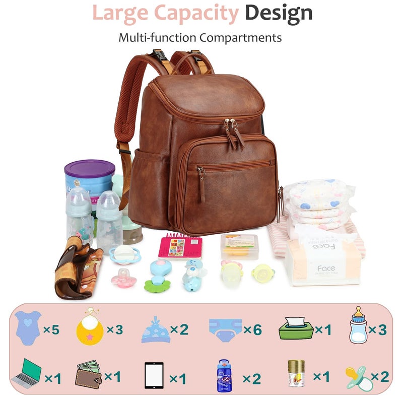 LORADI Lightweight Diaper Bag Backpack with Stroller Clips, Insulated Pockets, Baby Shower Essentials (Classic, Brown) - Image 2