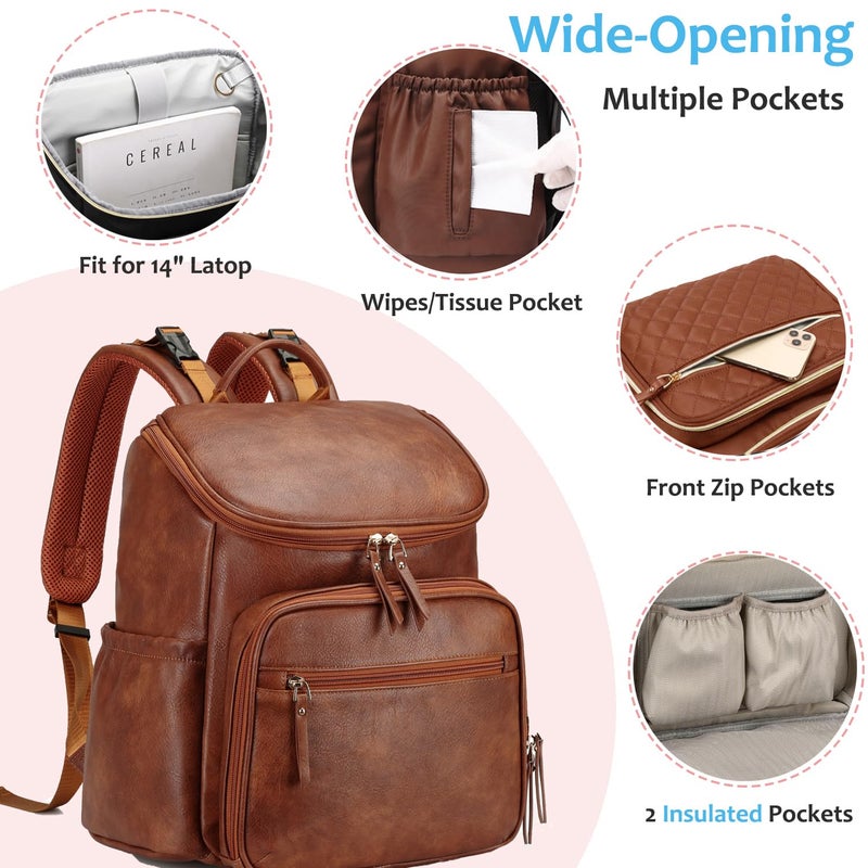 LORADI Lightweight Diaper Bag Backpack with Stroller Clips, Insulated Pockets, Baby Shower Essentials (Classic, Brown) - Image 4