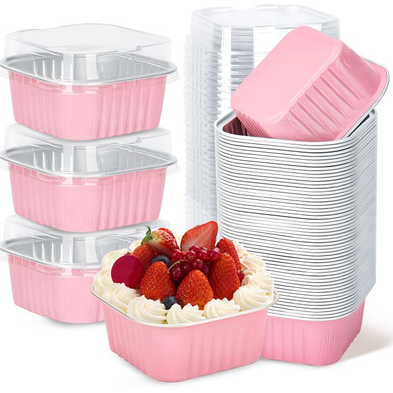 ylnurac 100Pack 5oz Pink Mini Cake Pans with Lids Baking Cups Aluminum Foil Pans Tins, Individual Dessert Cups Containers for Sales,Party,Picnics - Image 1