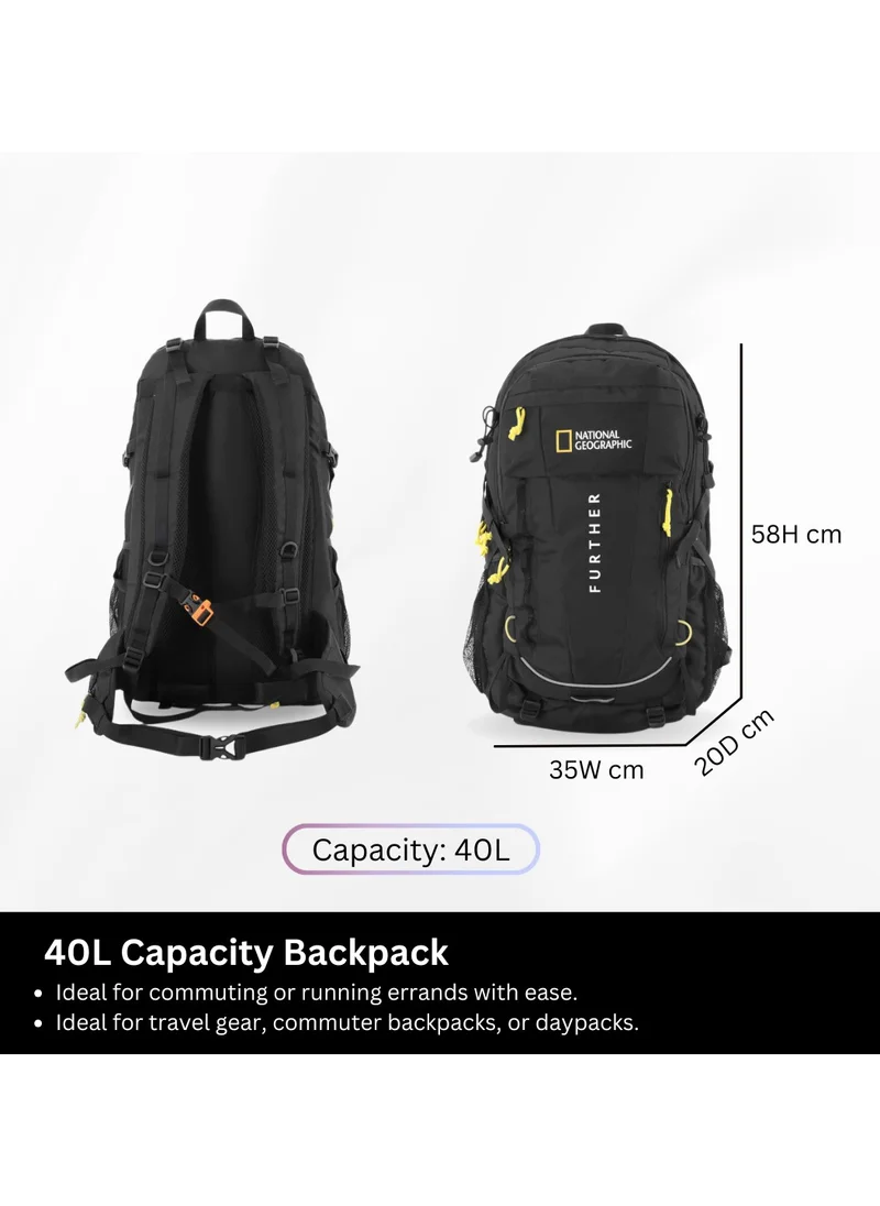 NATIONAL GEOGRAPHIC National Geographic Destination 40L Backpack Black, Durable Water Resistant Polyester Secure RFID Pocket Lightweight Bag With Raincover, 2 Side Waist Belt Protection For Men Women Trekking Hiking Camping Outdoor Travel