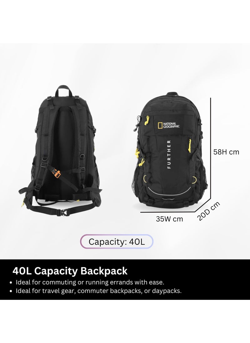 NATIONAL GEOGRAPHIC National Geographic Destination 40L Backpack Black, Durable Water Resistant Polyester Secure RFID Pocket Lightweight Bag With Raincover, 2 Side Waist Belt Protection For Men Women Trekking Hiking Camping Outdoor Travel  - Image 2