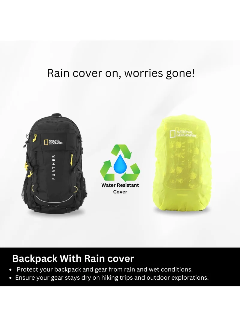 NATIONAL GEOGRAPHIC National Geographic Destination 40L Backpack Black, Durable Water Resistant Polyester Secure RFID Pocket Lightweight Bag With Raincover, 2 Side Waist Belt Protection For Men Women Trekking Hiking Camping Outdoor Travel