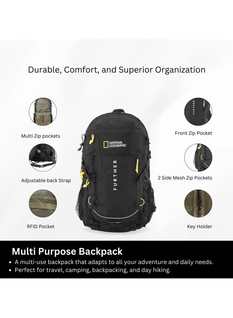 NATIONAL GEOGRAPHIC National Geographic Destination 40L Backpack Black, Durable Water Resistant Polyester Secure RFID Pocket Lightweight Bag With Raincover, 2 Side Waist Belt Protection For Men Women Trekking Hiking Camping Outdoor Travel